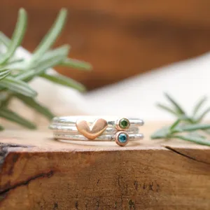 Mixed metal Color Diamond and 14k gold heart sterling silver stacking rings