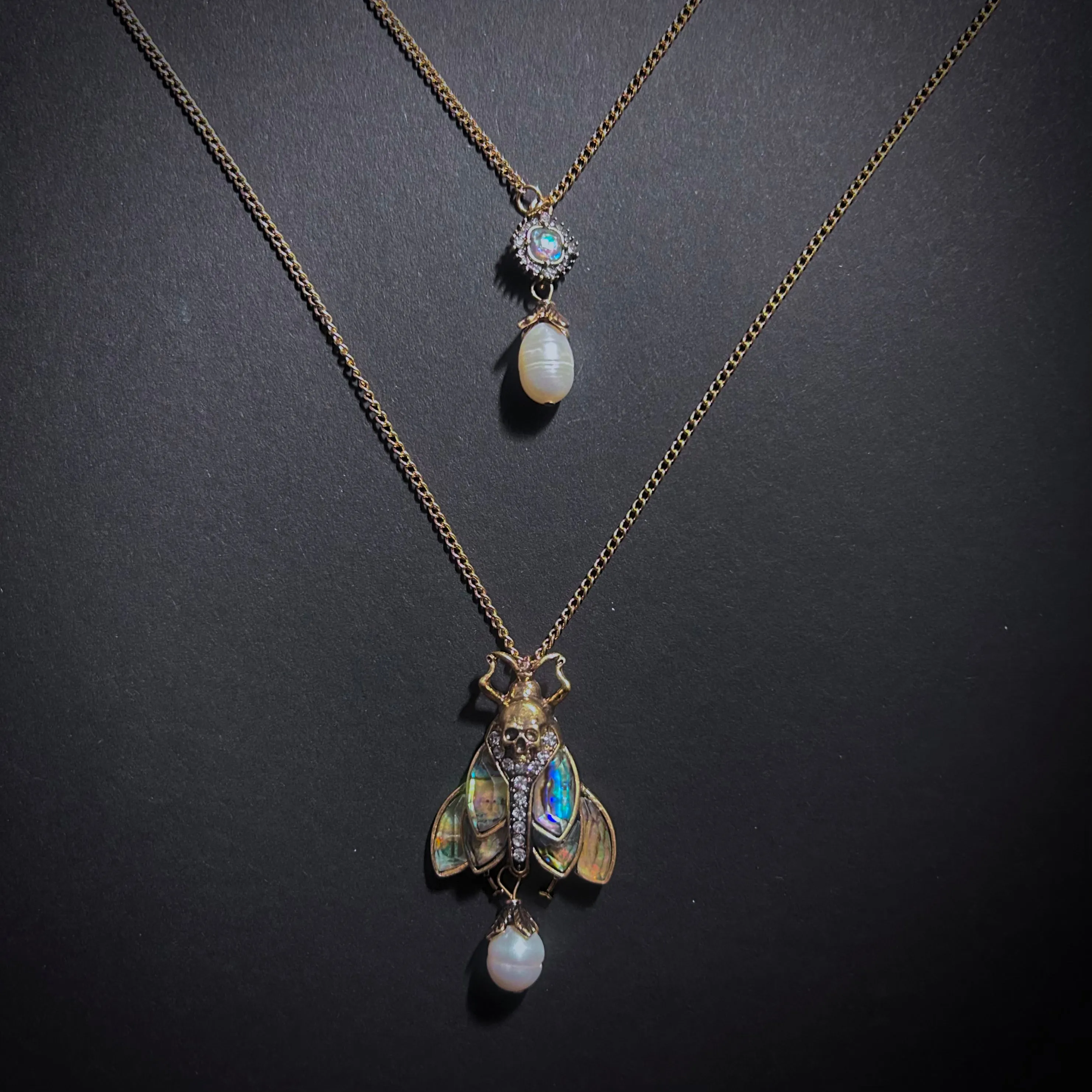 Moth Abalone Freshwater Baroque Pearl Two Row Statement Necklace