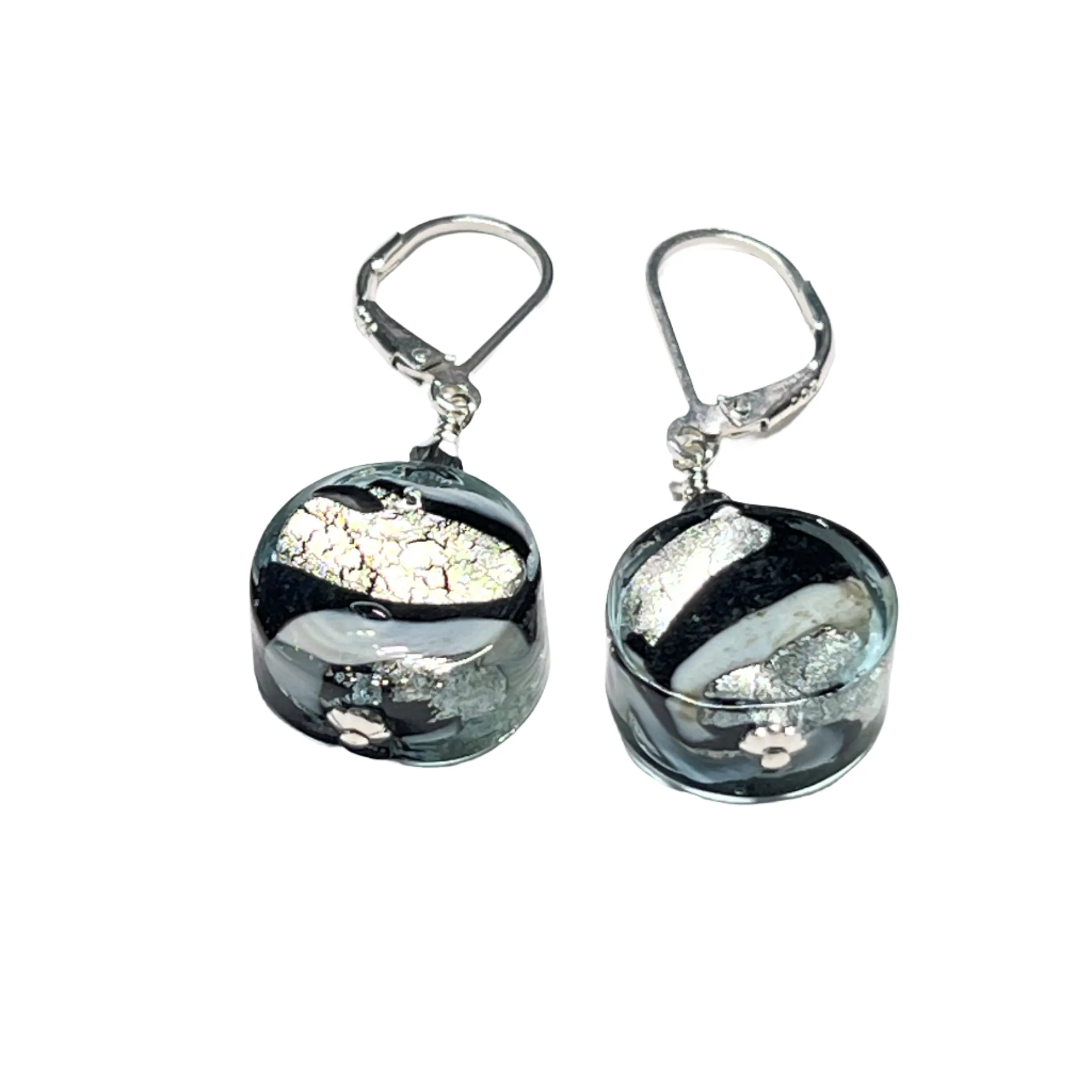 Murano Glass Black White Coin Earrings - Sterling Silver | Unique Gift for Her