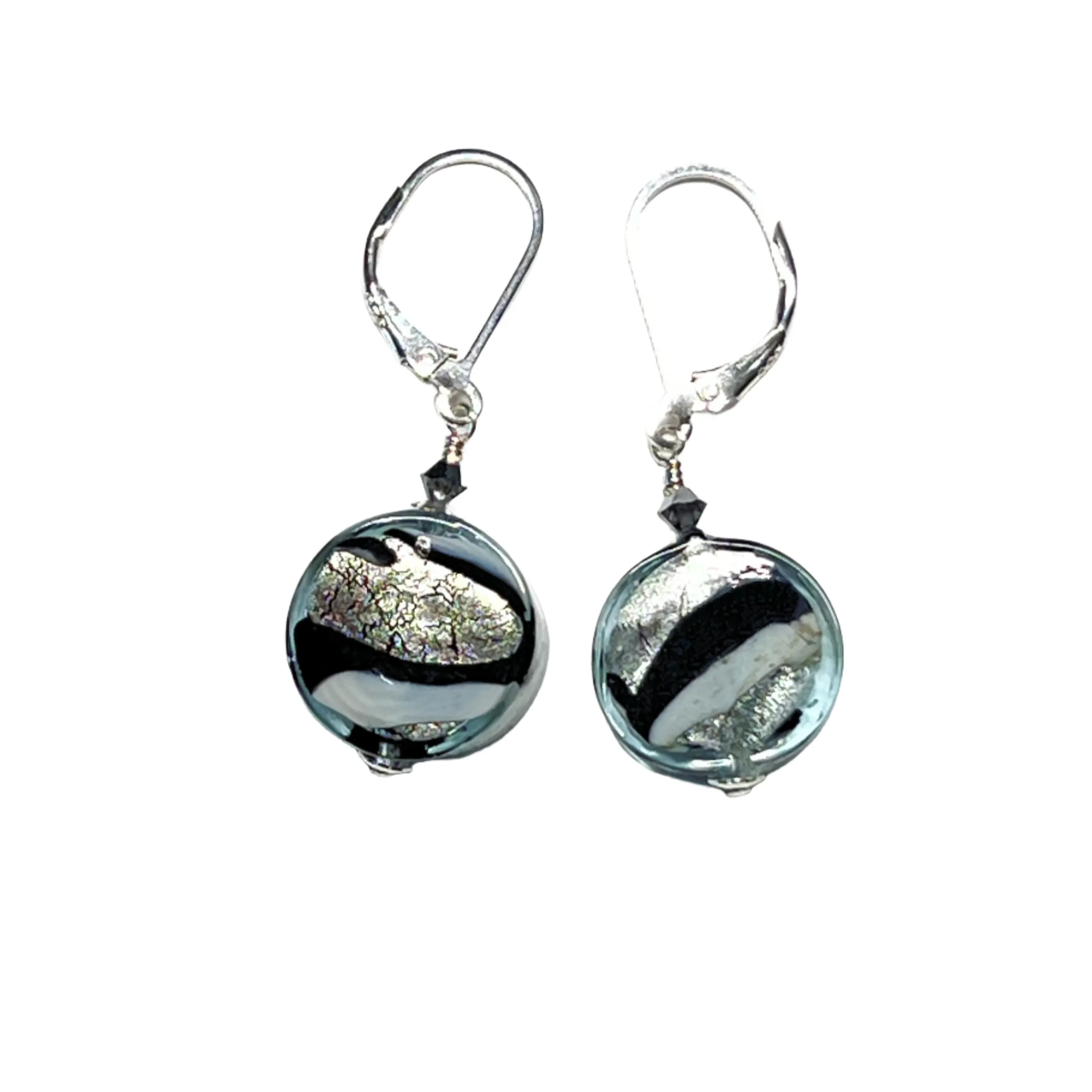 Murano Glass Black White Coin Earrings - Sterling Silver | Unique Gift for Her