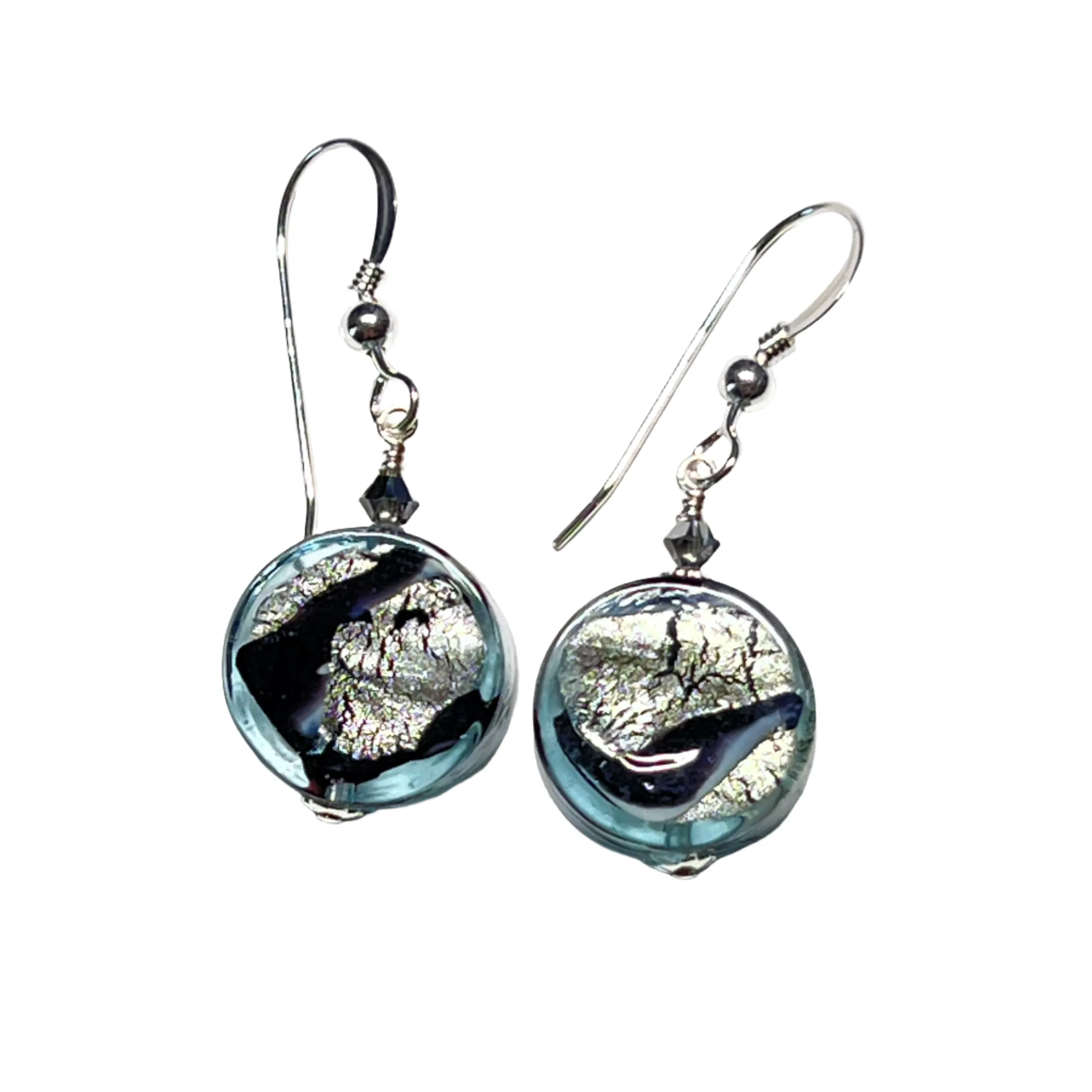 Murano Glass Black White Coin Earrings - Sterling Silver | Unique Gift for Her