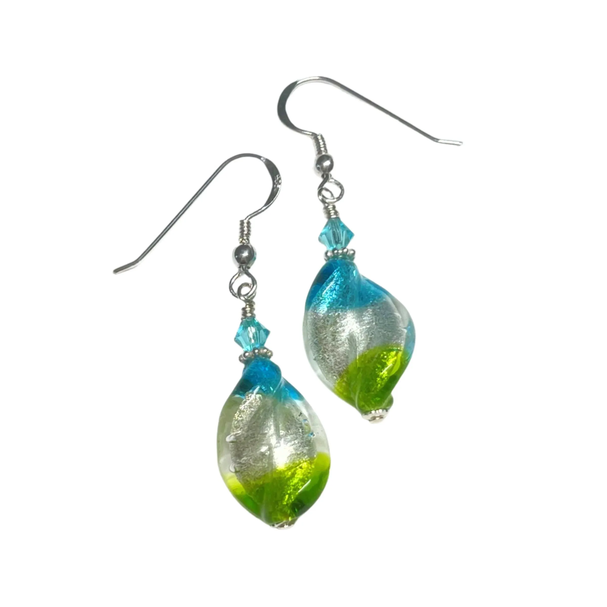 Murano Glass Colorful Aqua Green Twist Silver Earrings