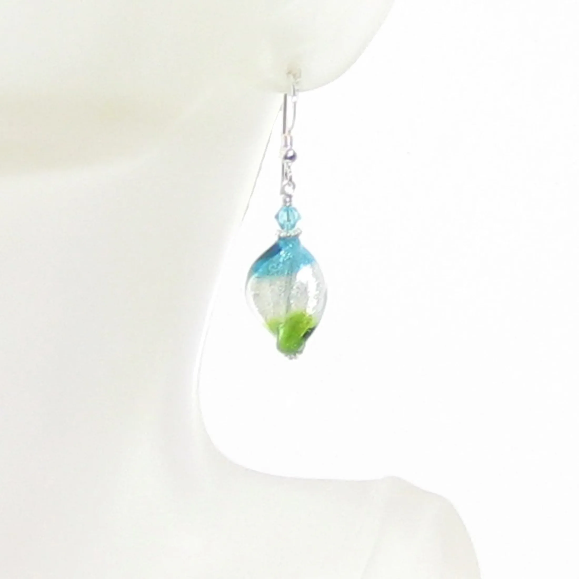Murano Glass Colorful Aqua Green Twist Silver Earrings