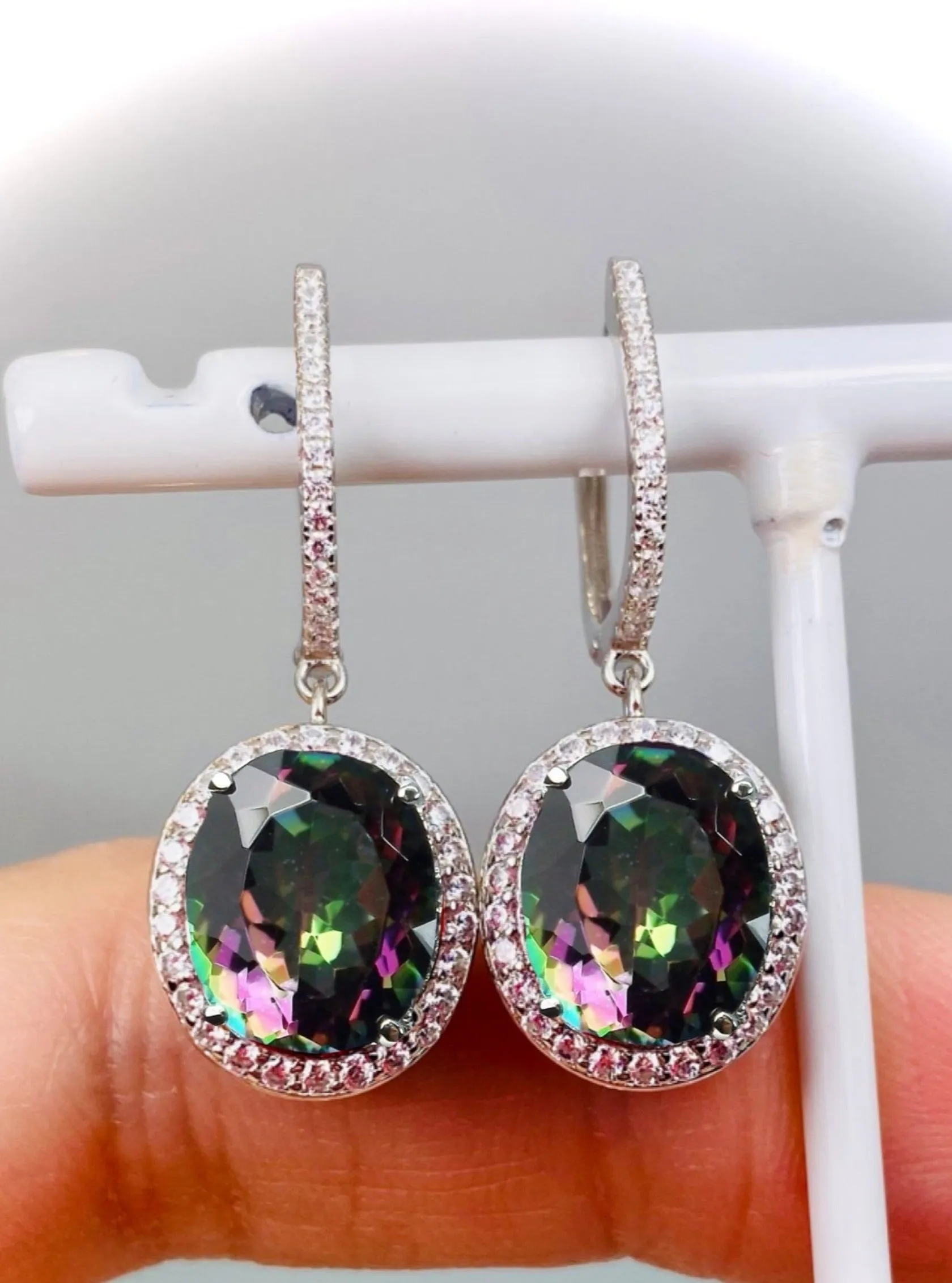 Mystic Topaz Earrings, Oval Halo Earrings, Art Deco Jewelry #E228