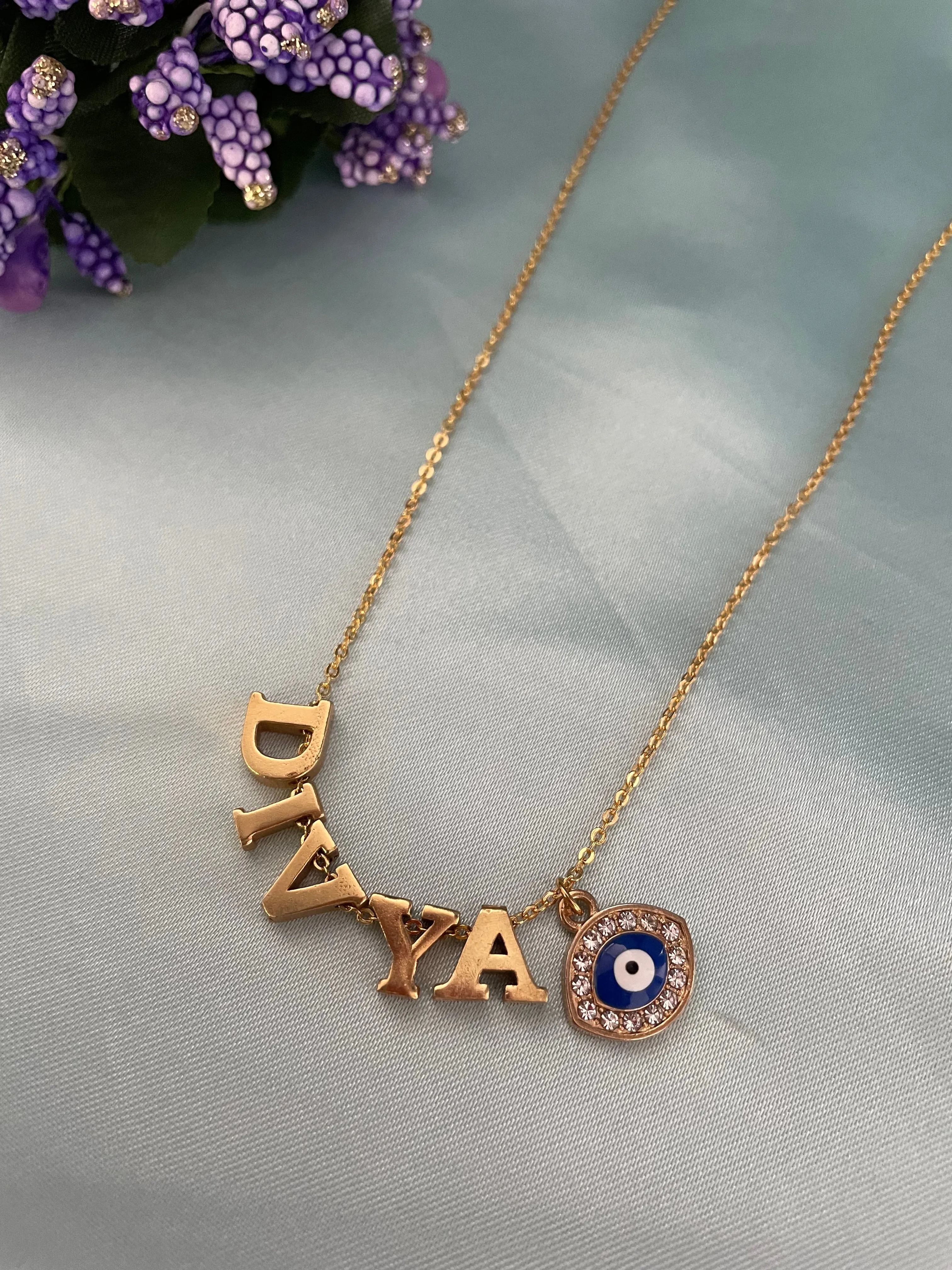 Name Necklace with American Diamond Evil Eye