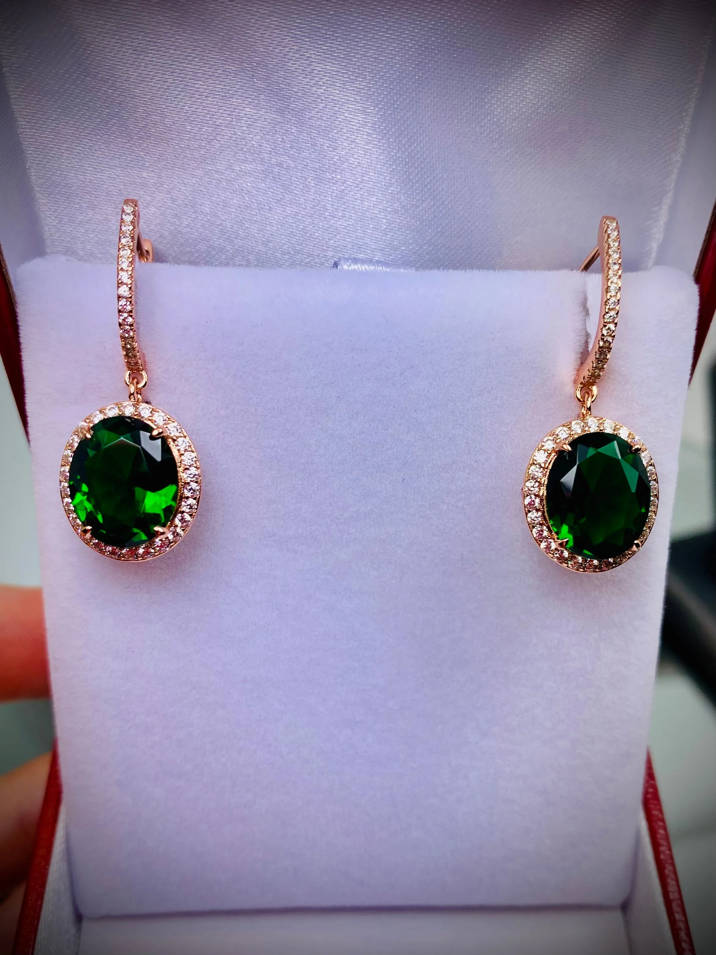 Natural Emerald Earrings, Halo Art Deco Earrings, 10k or 14k Rose Gold Filigree #E228