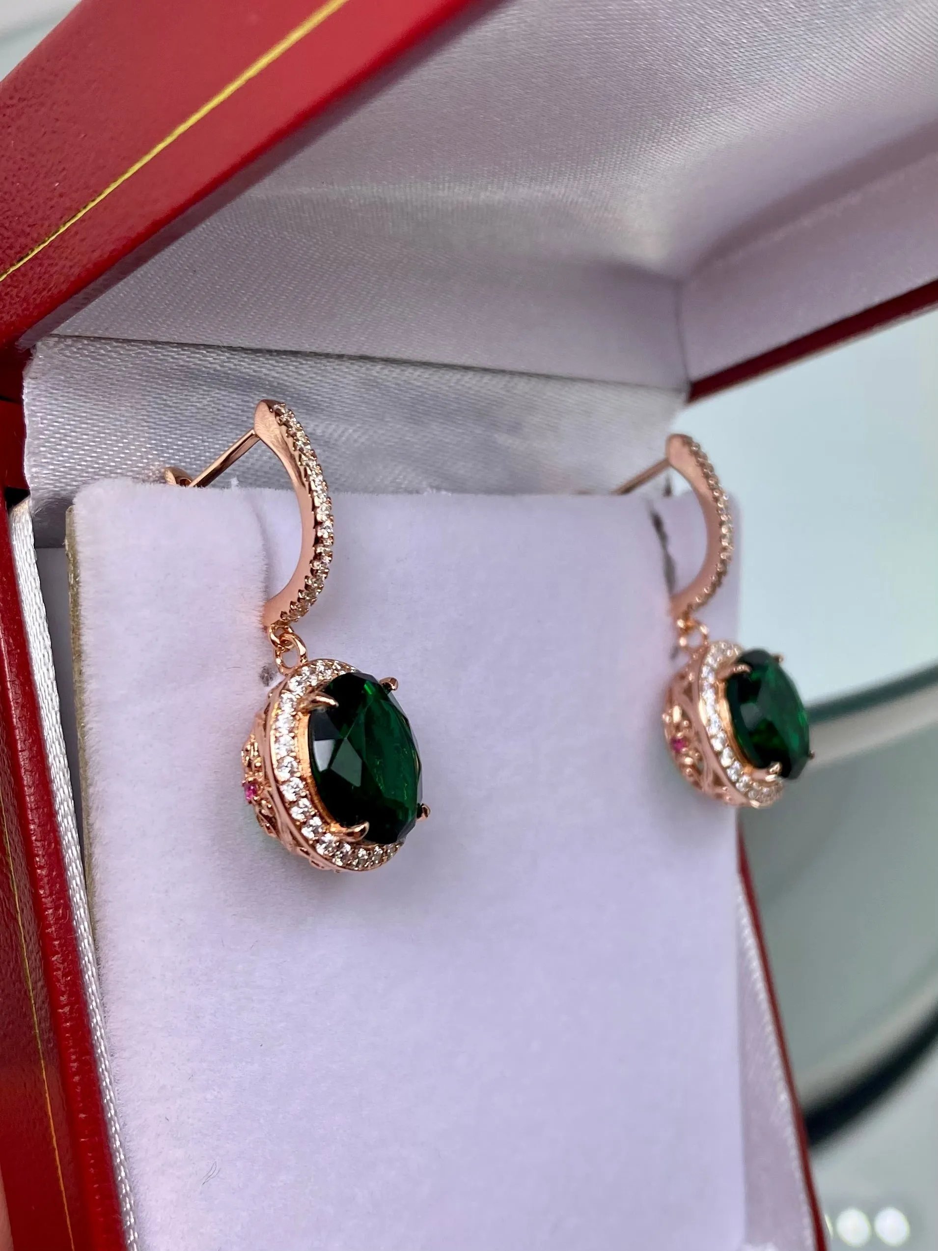 Natural Emerald Earrings, Halo Art Deco Earrings, 10k or 14k Rose Gold Filigree #E228