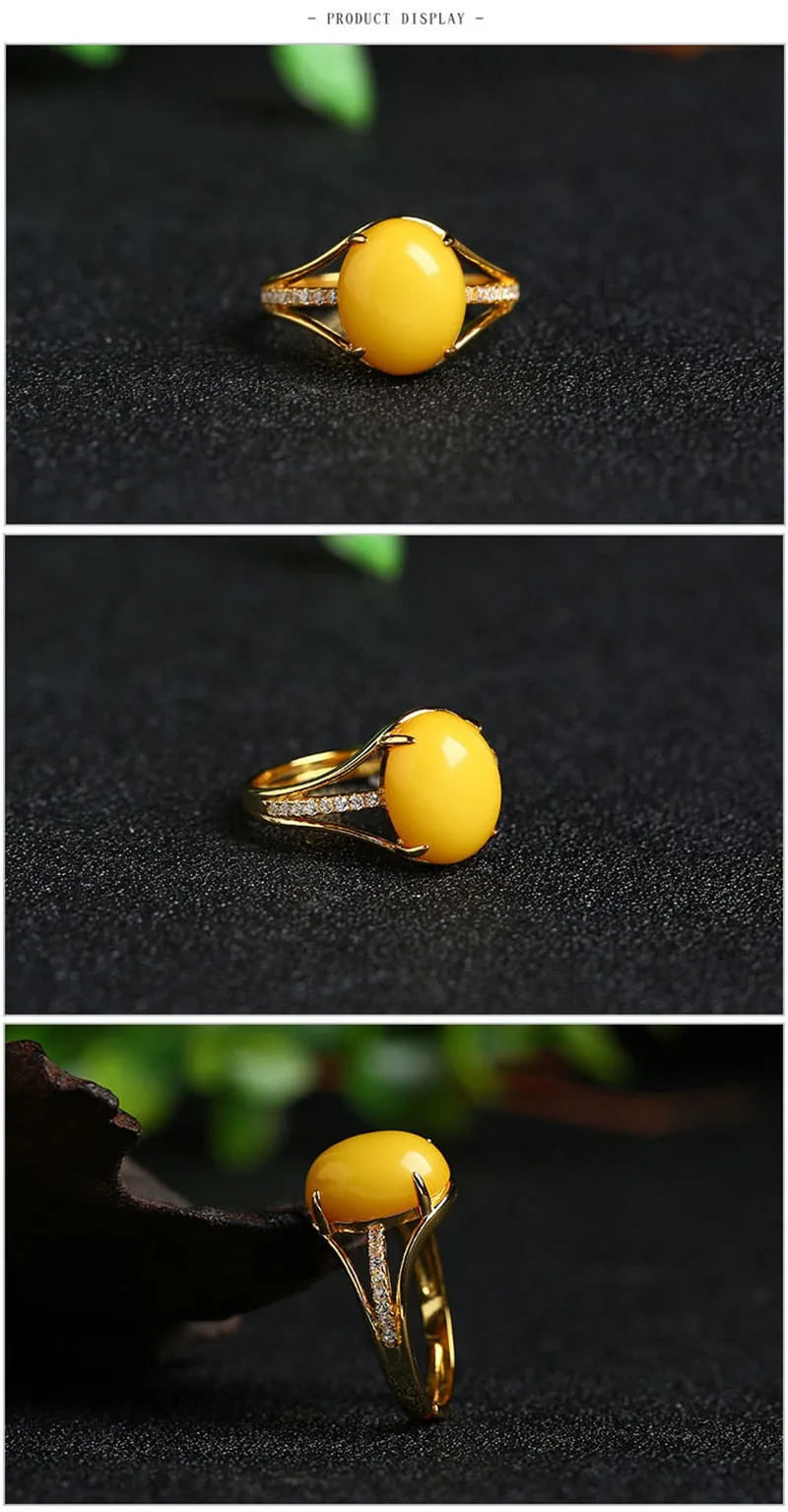 Natural Yellow Amber Ring Adjustable 14K Yellow Gold Women's Engagement Jewelry
