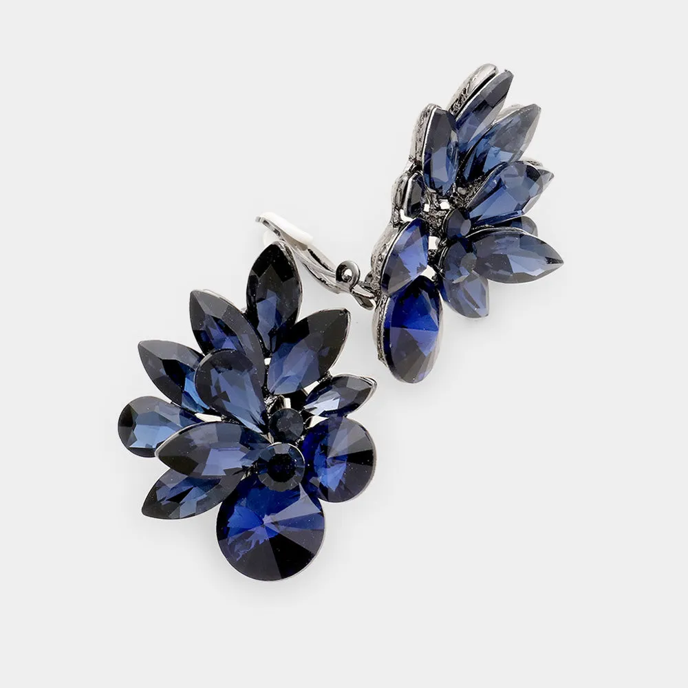 Navy Crystal Leaf Clip On Stud Earrings | 444484