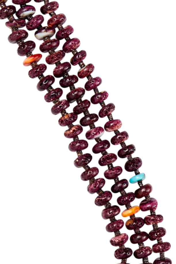 Necklace, Natural Stone, Purple Spiny Oyster, Triple Strand, Navajo, Contemporary, 3420