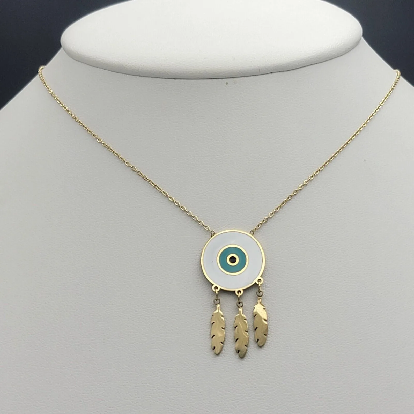 Necklaces - Stainless Steel Gold Plated. Dream Catcher Feather Blue Eye