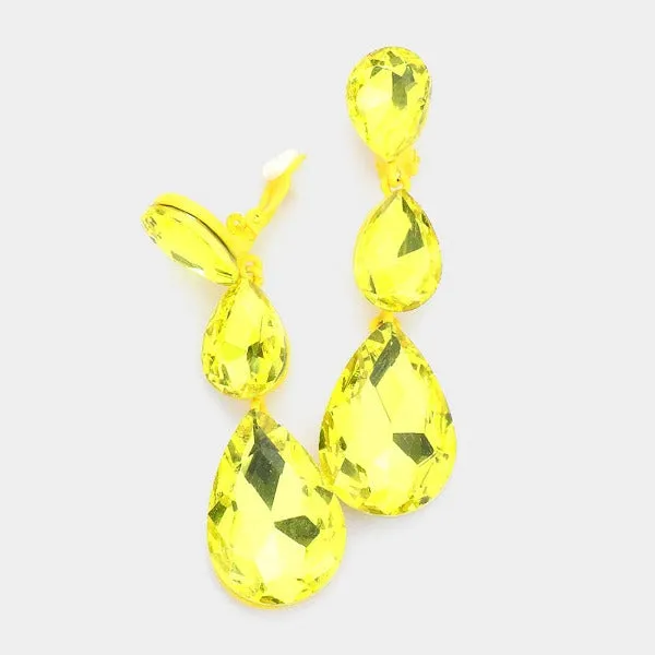 Neon Yellow Triple Crystal Rhinestone Clip-On Earrings