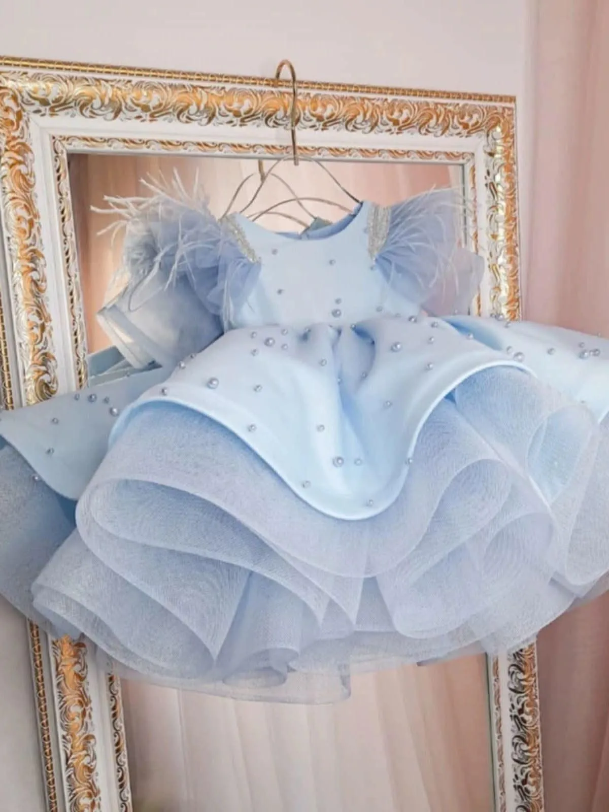 New Beaded girl pompous dress Pearl Feather Party Princess Dress