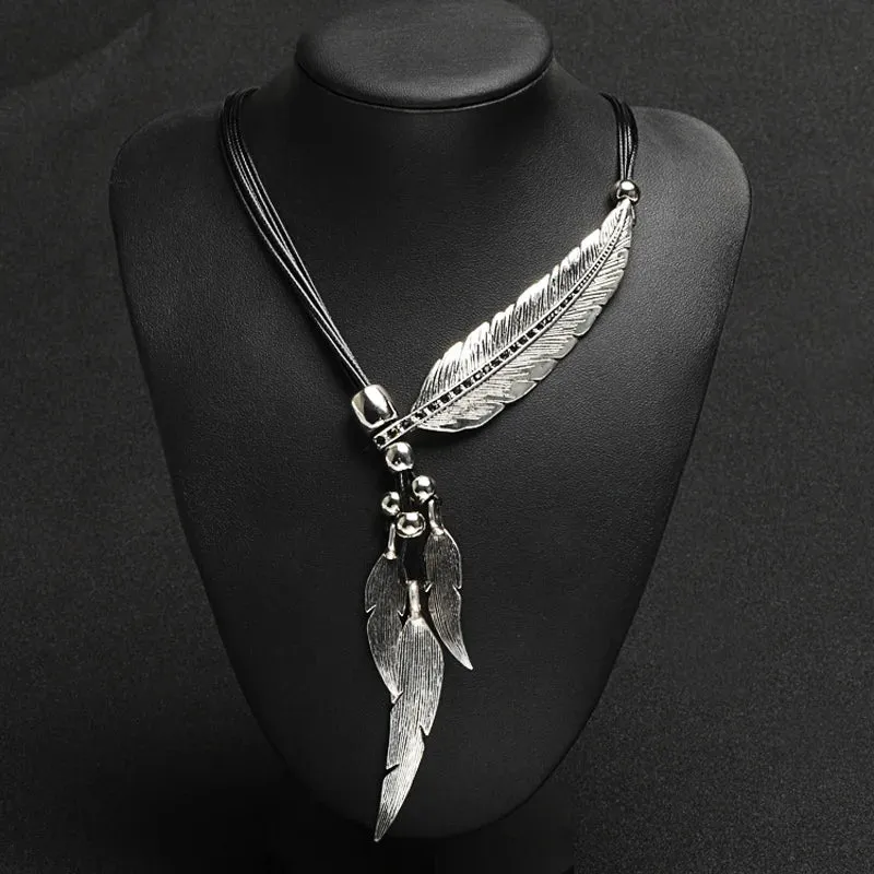 New Bohemian Style Rope Chain Leaf Feather Pattern Pendant For Women Fine Jewelry Statement Necklace