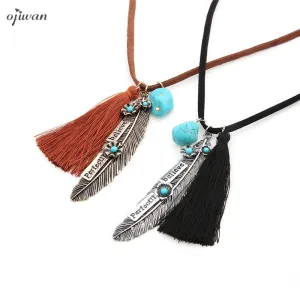 Ojiwan Long Tassel Necklace Collier Plumes Boho Feather Necklace Hippie Collier Pompon Cowgirl Indian Native American Jewelry