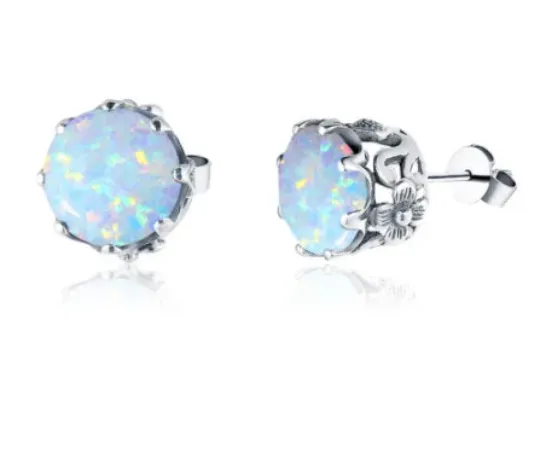 Opal Earrings, Round Daisy Stud Earrings, Sterling Silver Vintage Filigree Jewelry, E66