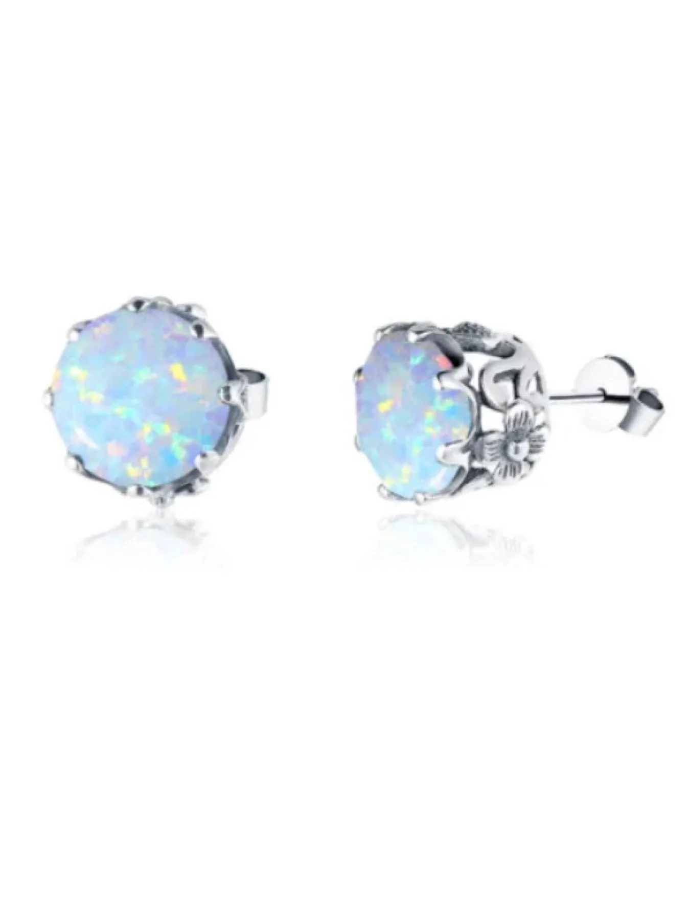 Opal Earrings, Round Daisy Stud Earrings, Sterling Silver Vintage Filigree Jewelry, E66