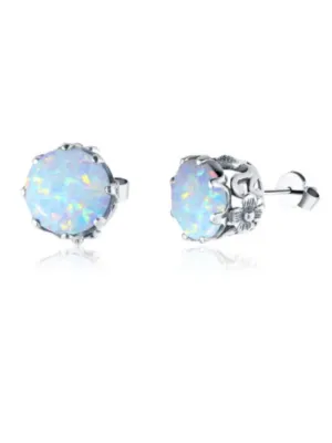Opal Earrings, Round Daisy Stud Earrings, Sterling Silver Vintage Filigree Jewelry, E66