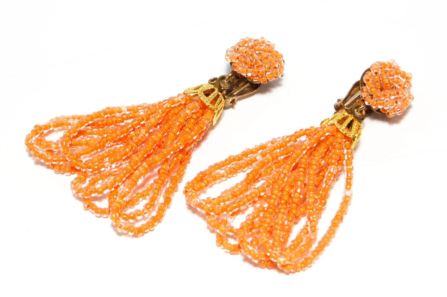 Orange Beaded Tassel Earrings Made in Japan