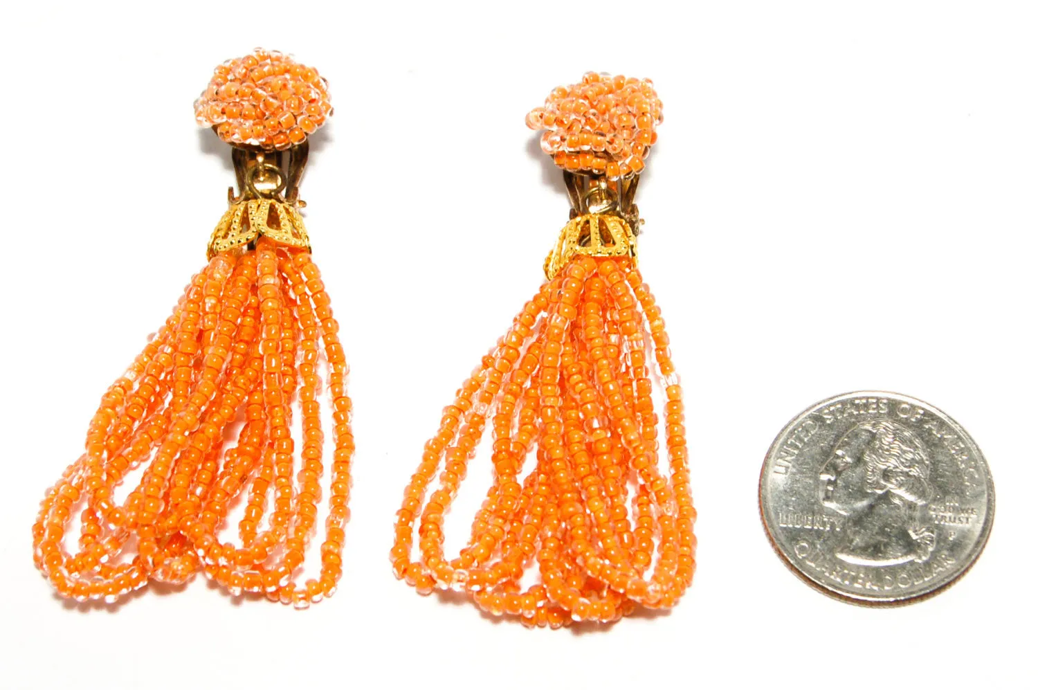 Orange Beaded Tassel Earrings Made in Japan