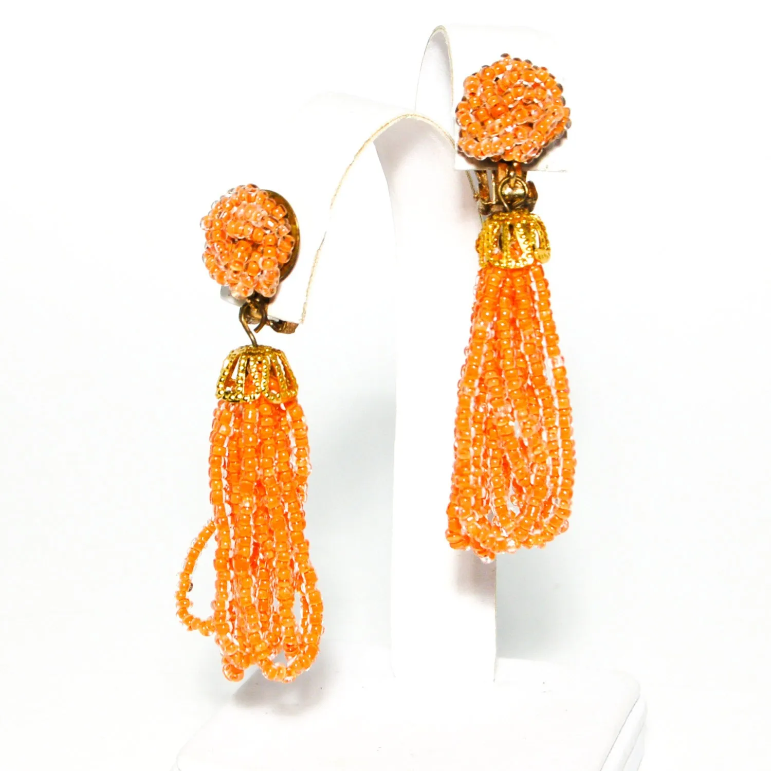 Orange Beaded Tassel Earrings Made in Japan