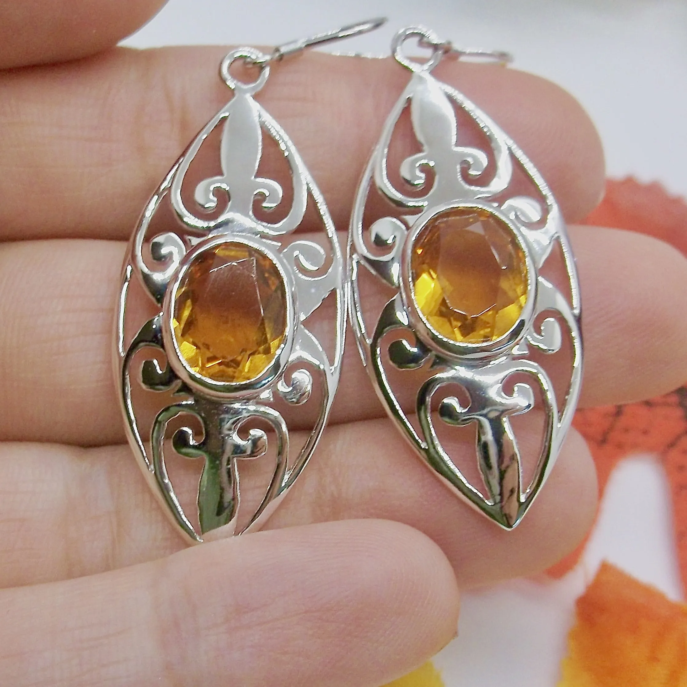 Orange Citrine Earrings, Art Nouveau Jewelry, #E32