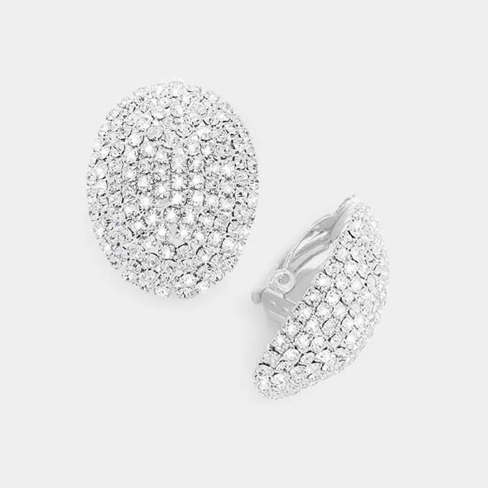 Oval Clear Rhinestone Clip On Stud Earrings | 294484