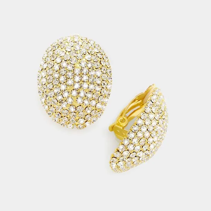 Oval Clear Rhinestone Clip On Stud Earrings on Gold | 294482