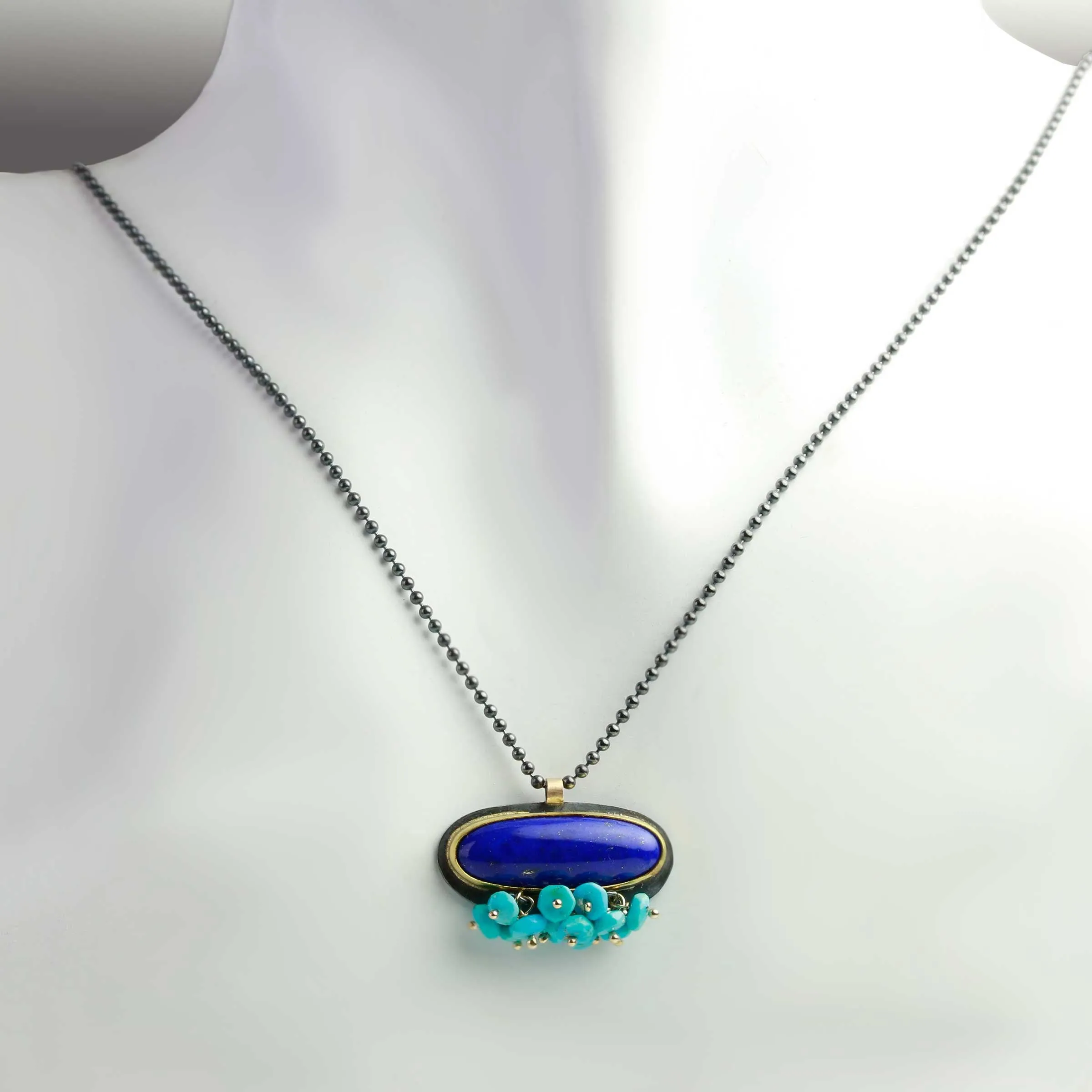 Oval Lapis Necklace with Turquoise Fringe