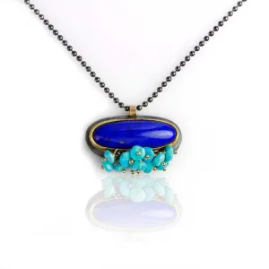 Oval Lapis Necklace with Turquoise Fringe