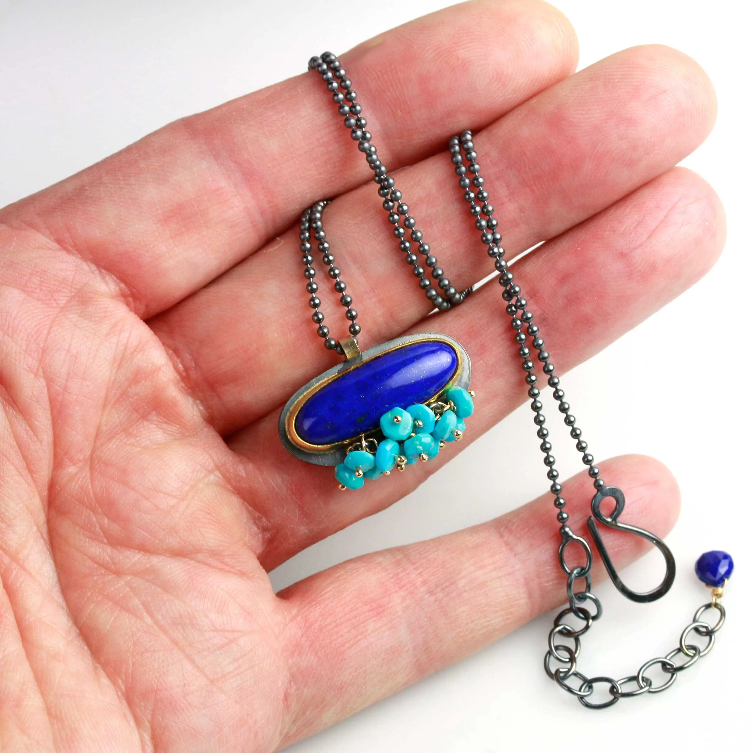 Oval Lapis Necklace with Turquoise Fringe