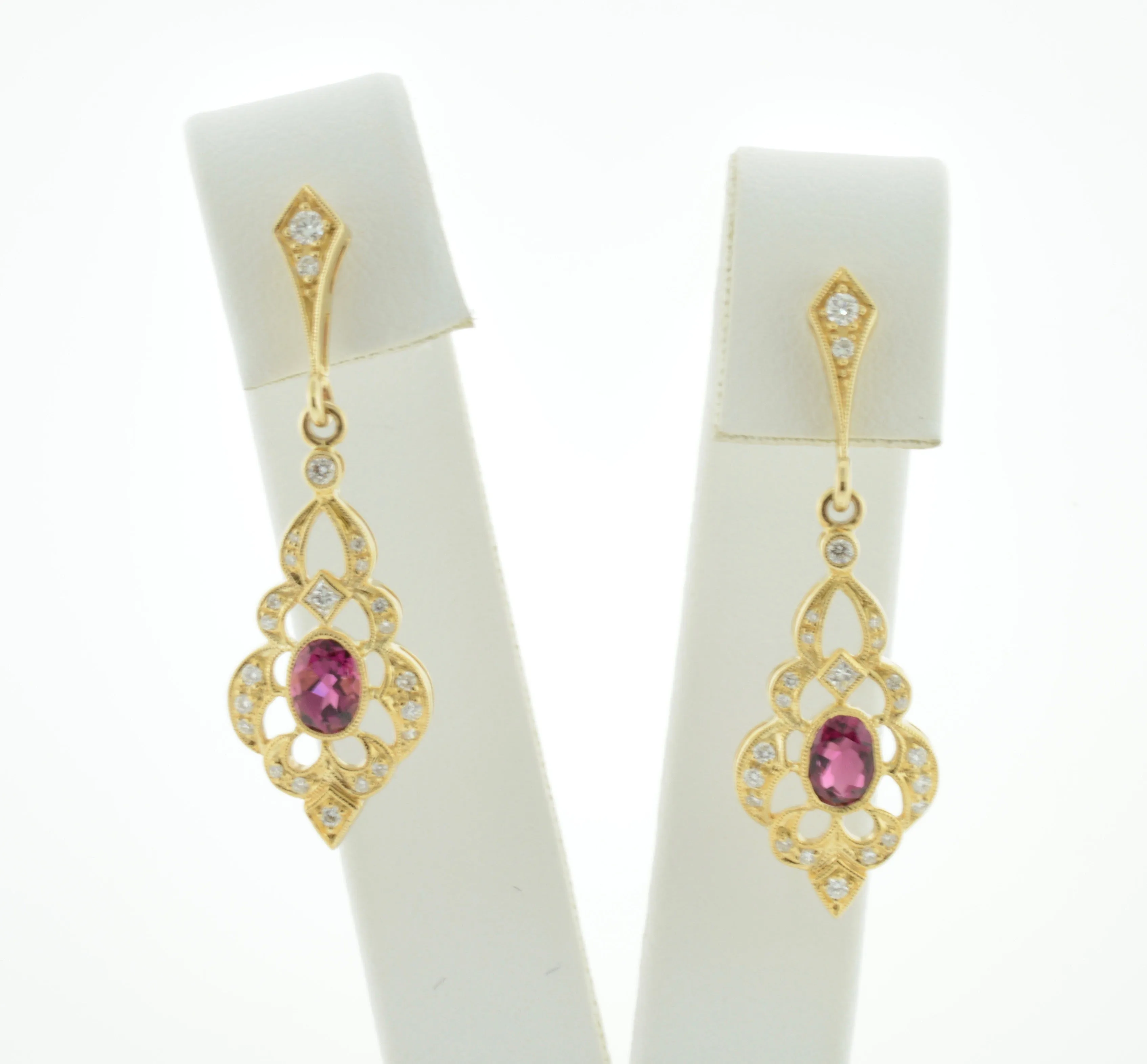 Oval Pink Tourmaline and Diamond Gold Drop Earrings