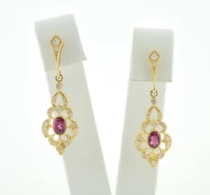 Oval Pink Tourmaline and Diamond Gold Drop Earrings
