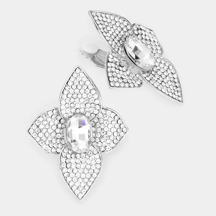 Oval Stone Centered Flower Clip On Evening Earrings