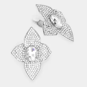 Oval Stone Centered Flower Clip On Evening Earrings