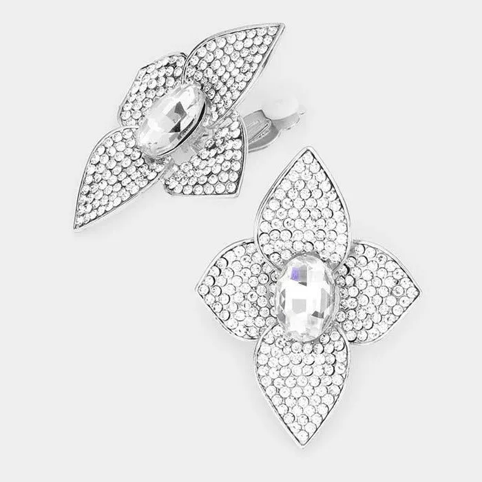 Oval Stone Centered Flower Clip On Evening Earrings