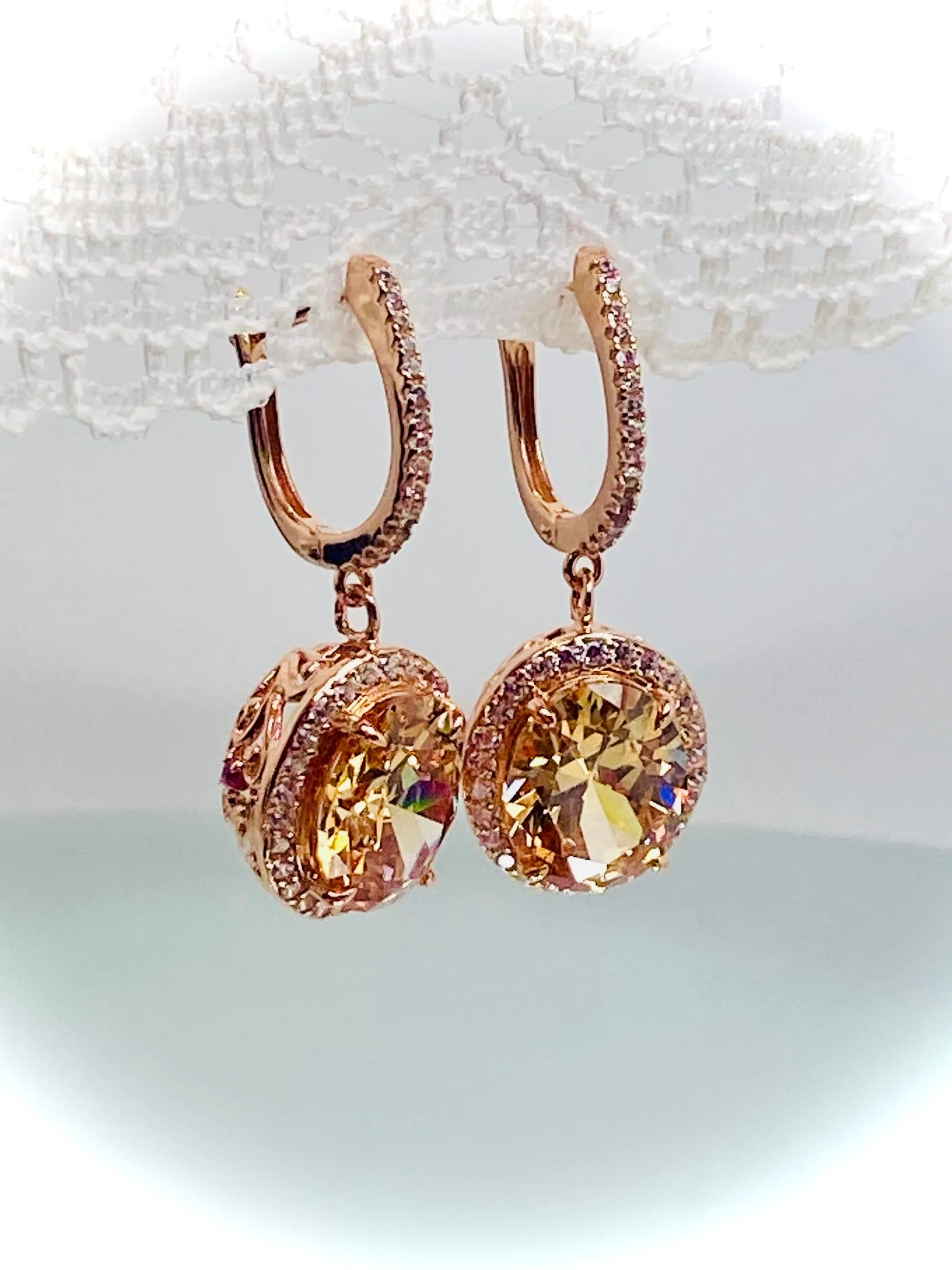 Peach CZ Earrings, Halo Art Deco Earrings, Rose Gold Filigree #E228
