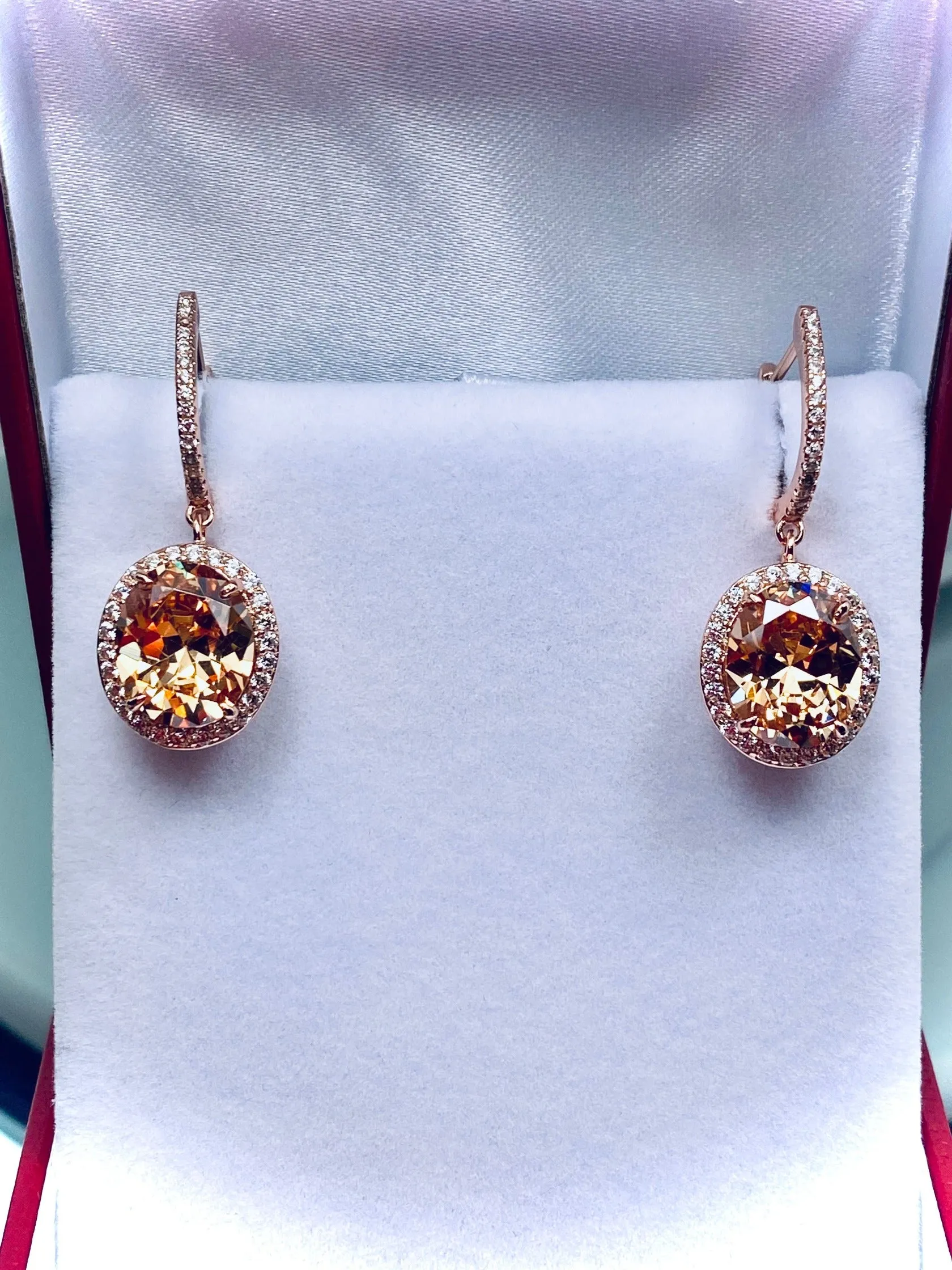 Peach CZ Earrings, Halo Art Deco Earrings, Rose Gold Filigree #E228