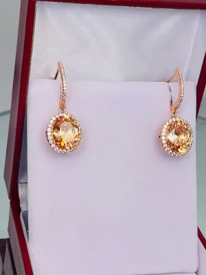 Peach CZ Earrings, Halo Art Deco Earrings, Rose Gold Filigree #E228