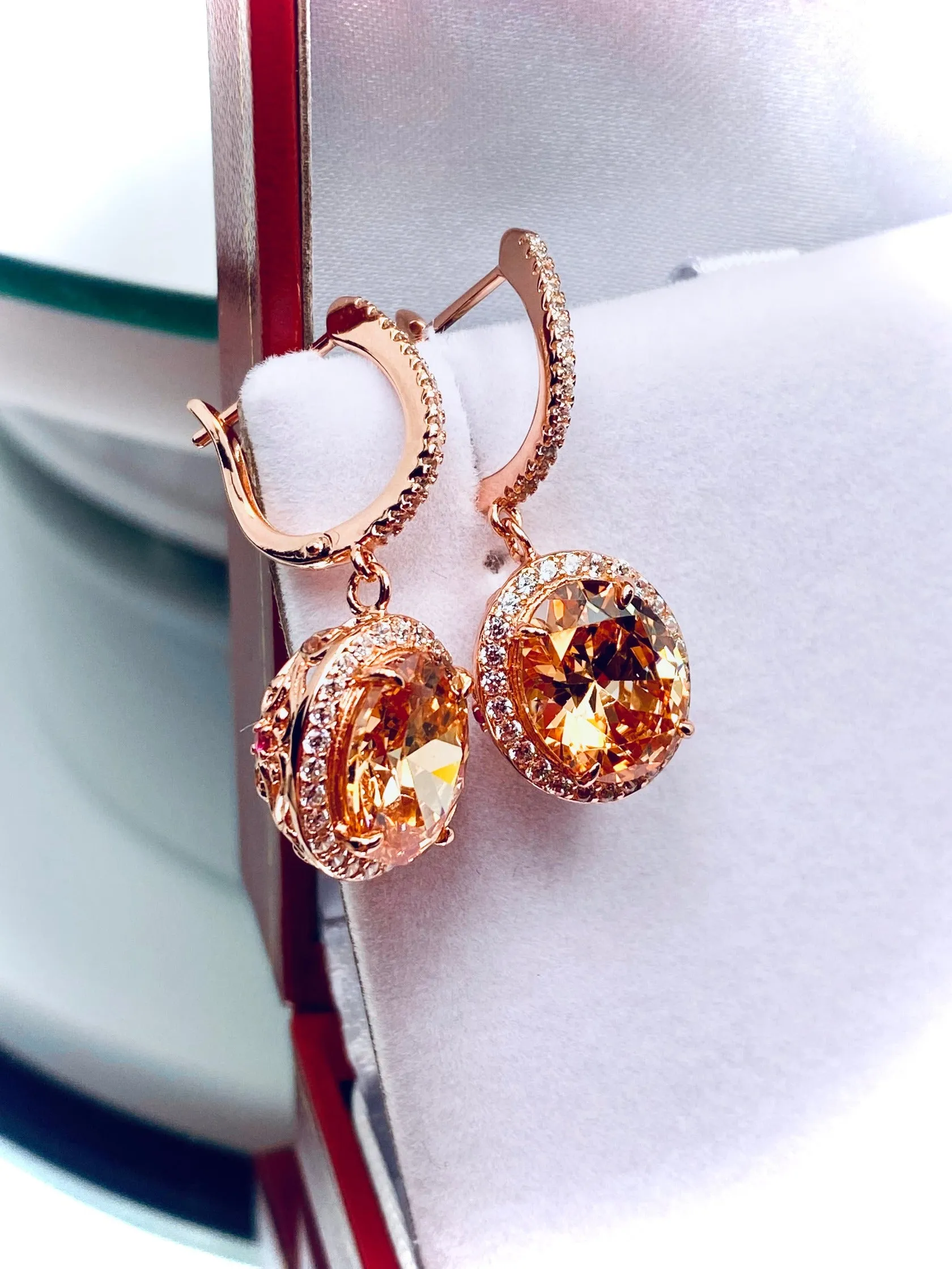 Peach CZ Earrings, Halo Art Deco Earrings, Rose Gold Filigree #E228