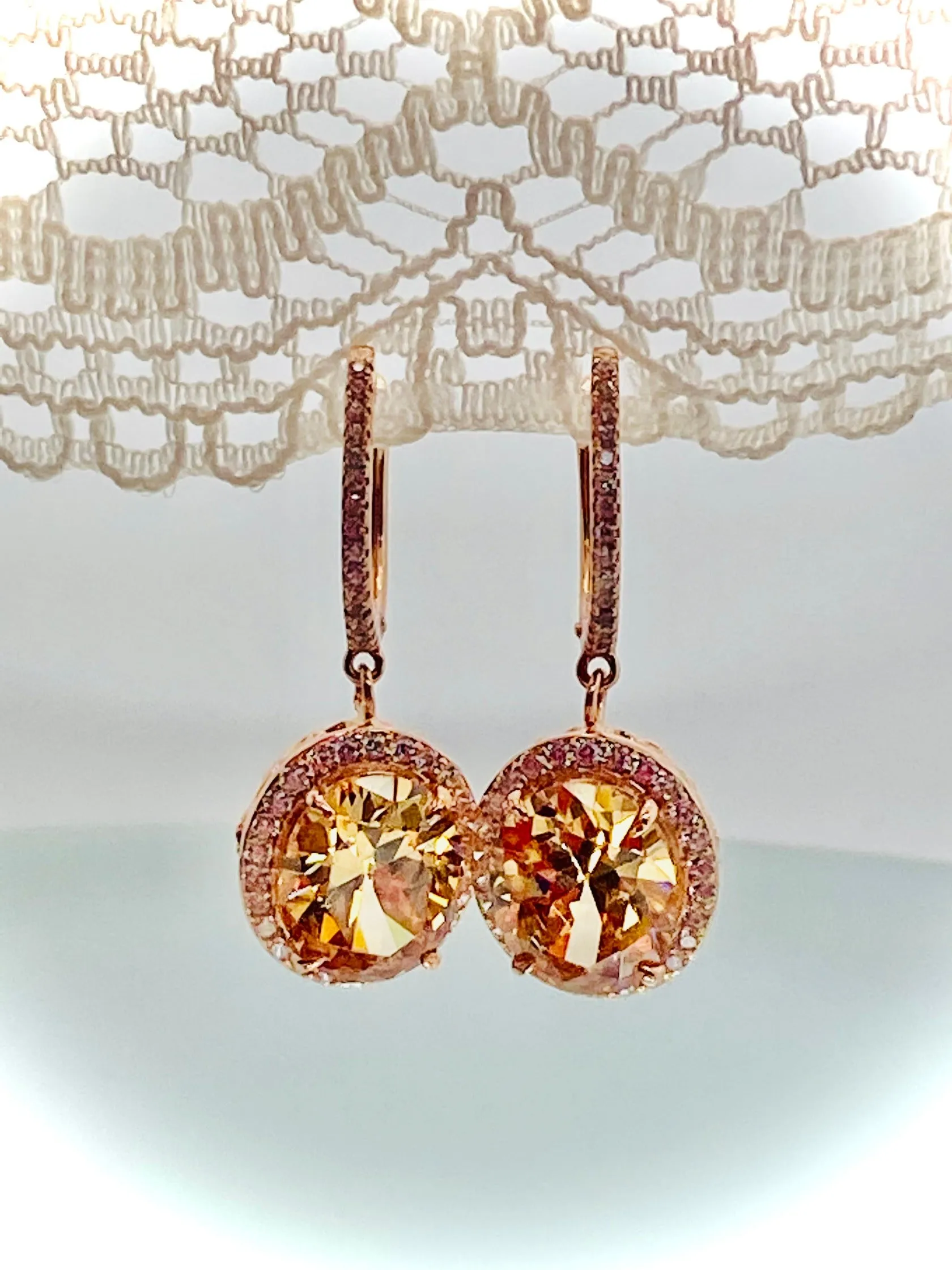Peach CZ Earrings, Halo Art Deco Earrings, Rose Gold Filigree #E228