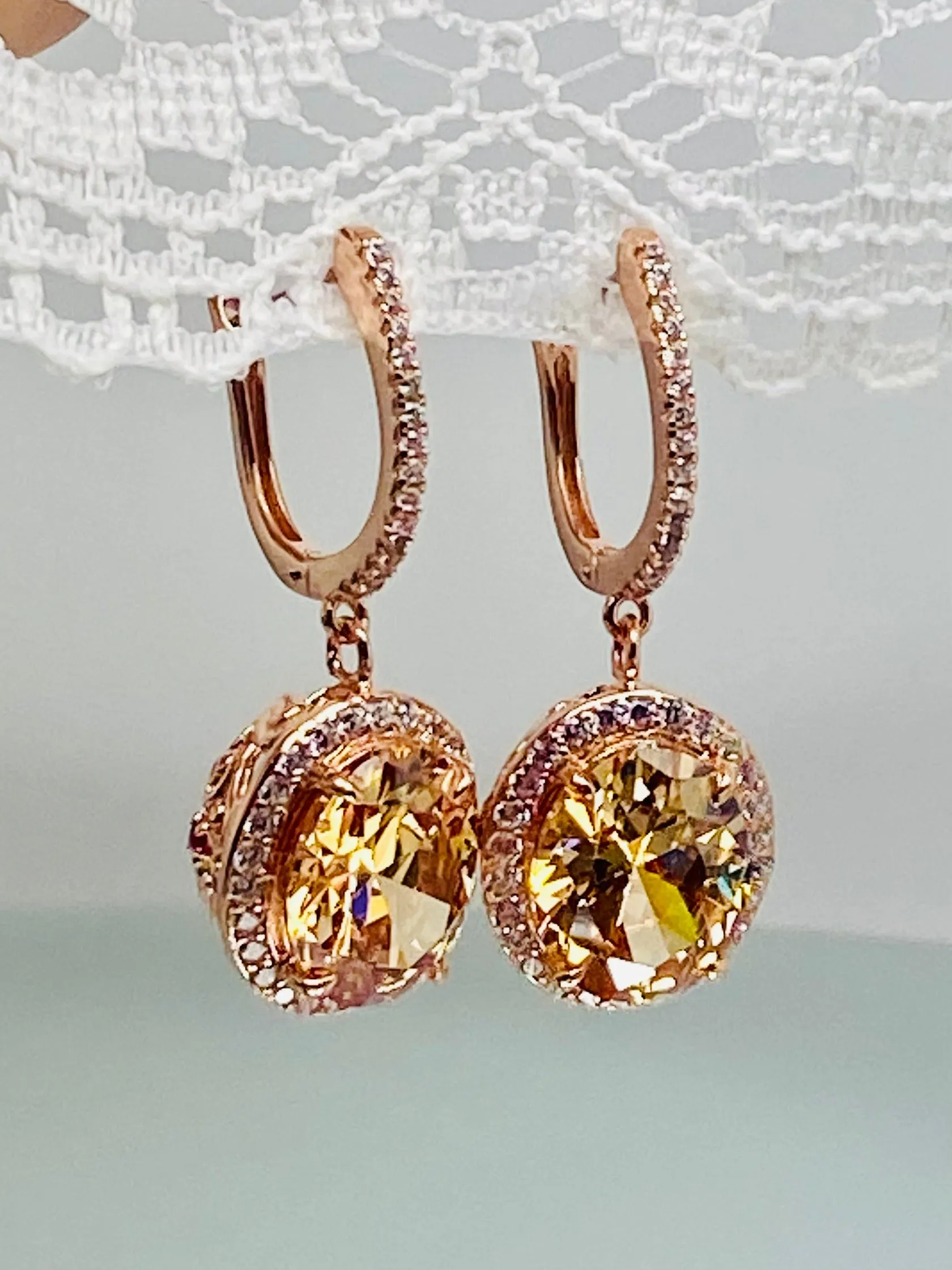 Peach CZ Earrings, Halo Art Deco Earrings, Rose Gold Filigree #E228