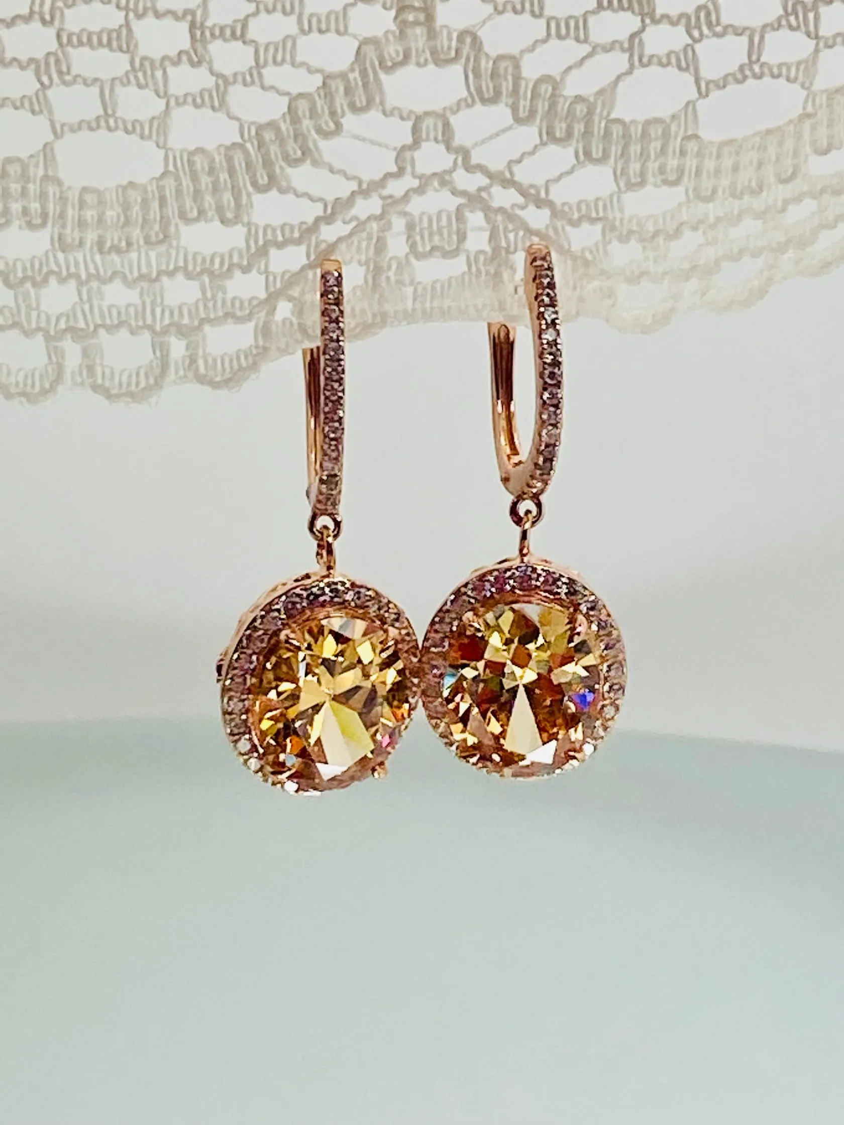 Peach CZ Earrings, Halo Art Deco Earrings, Rose Gold Filigree #E228
