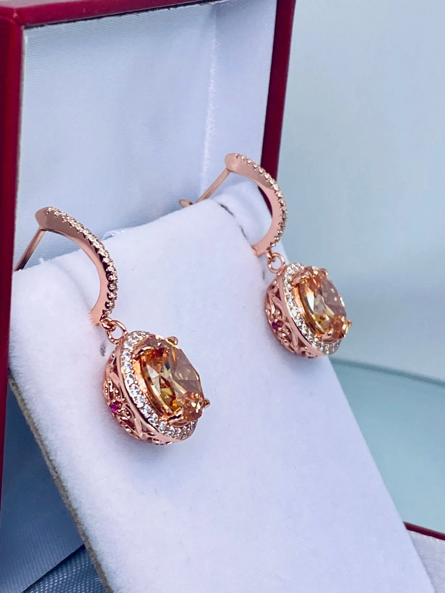 Peach CZ Earrings, Halo Art Deco Earrings, Rose Gold Filigree #E228