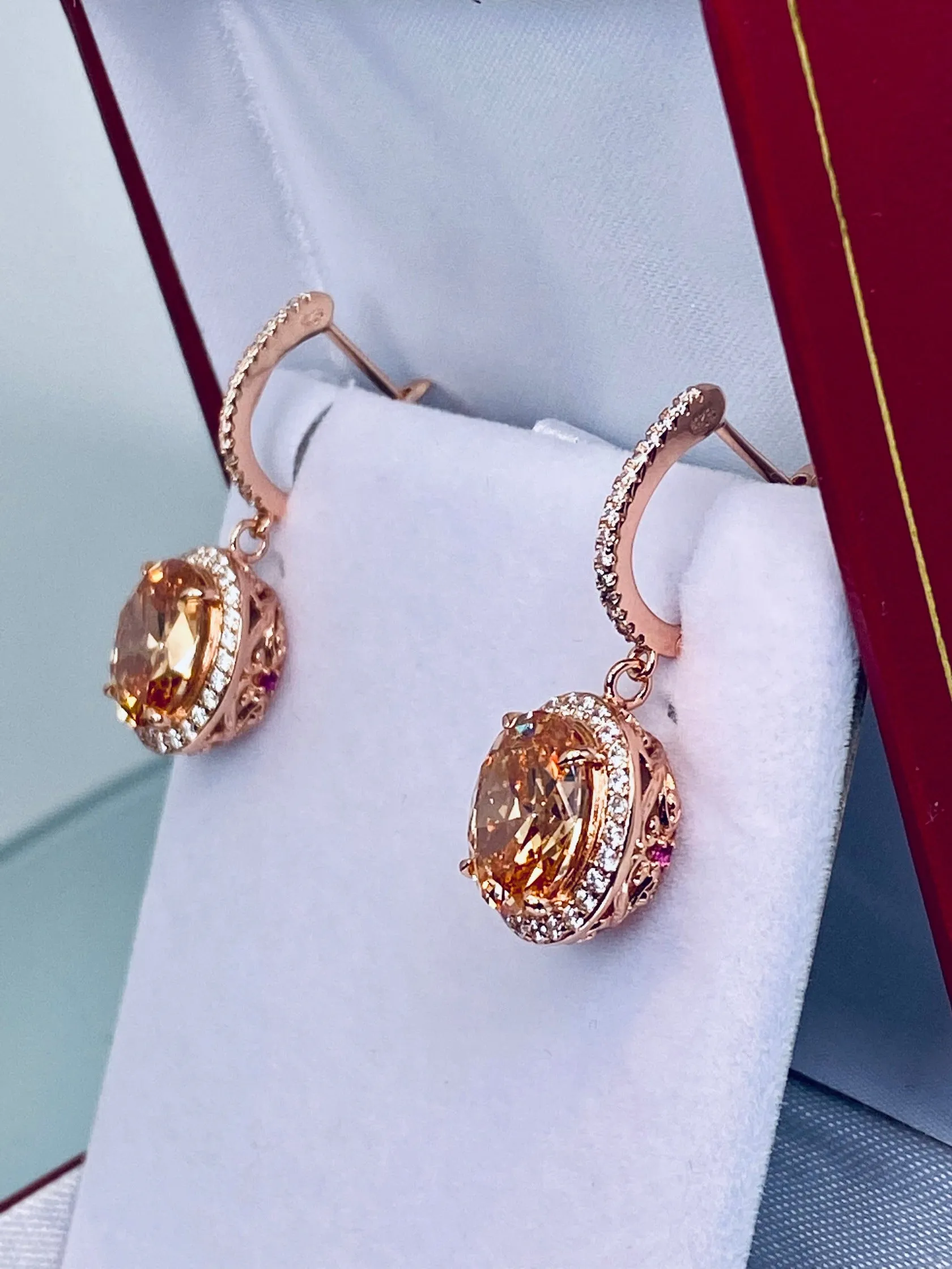 Peach CZ Earrings, Halo Art Deco Earrings, Rose Gold Filigree #E228