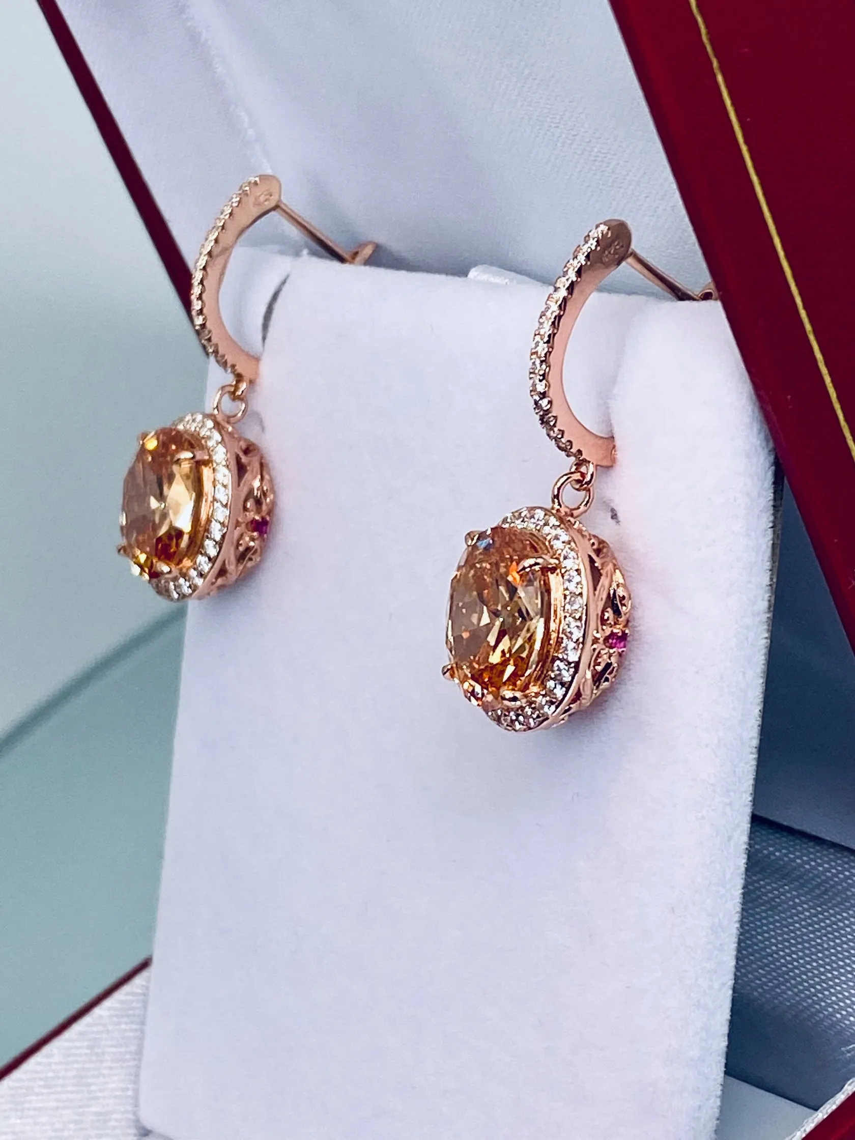 Peach CZ Earrings, Halo Art Deco Earrings, Rose Gold Filigree #E228