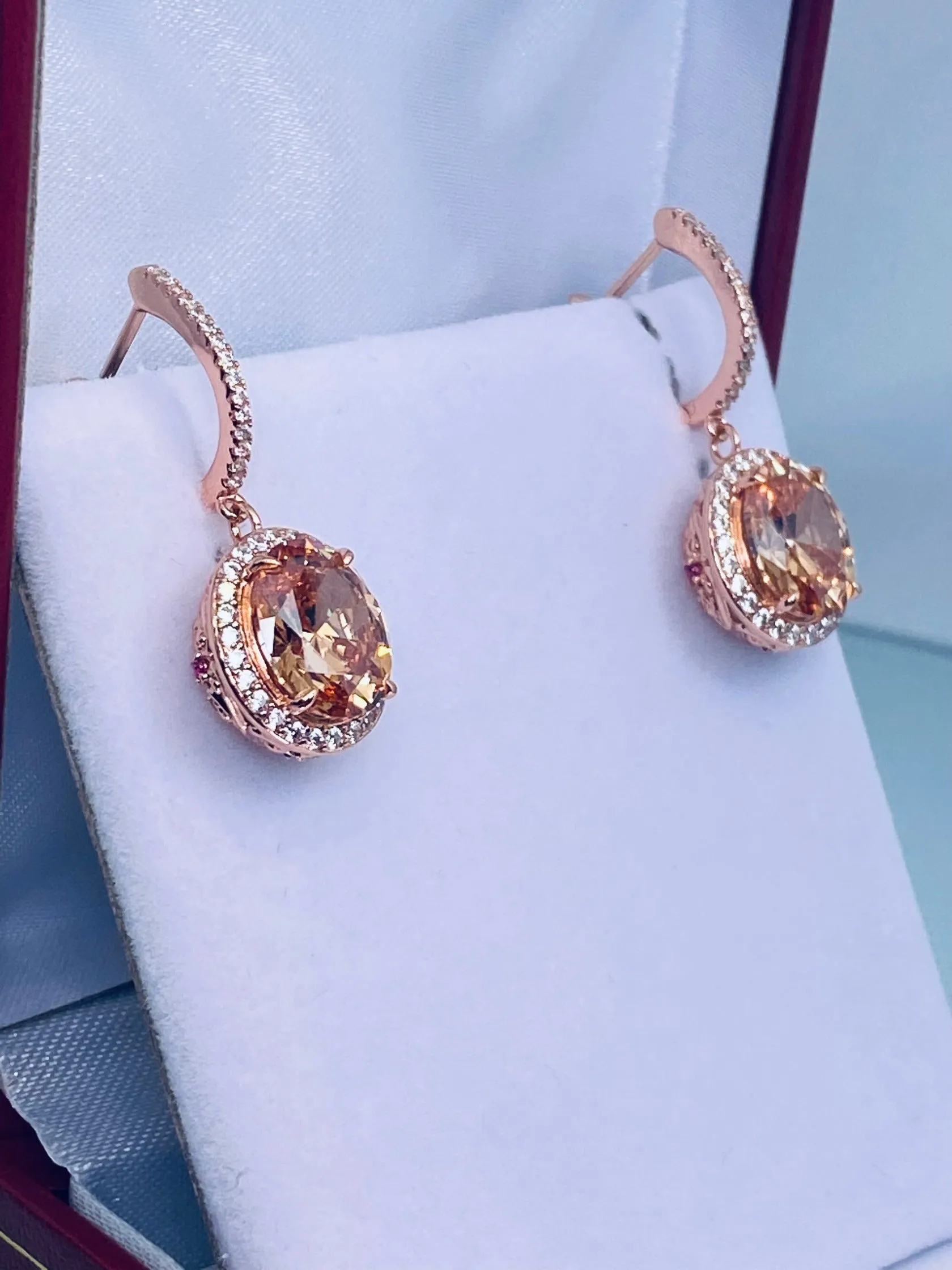 Peach CZ Earrings, Halo Art Deco Earrings, Rose Gold Filigree #E228