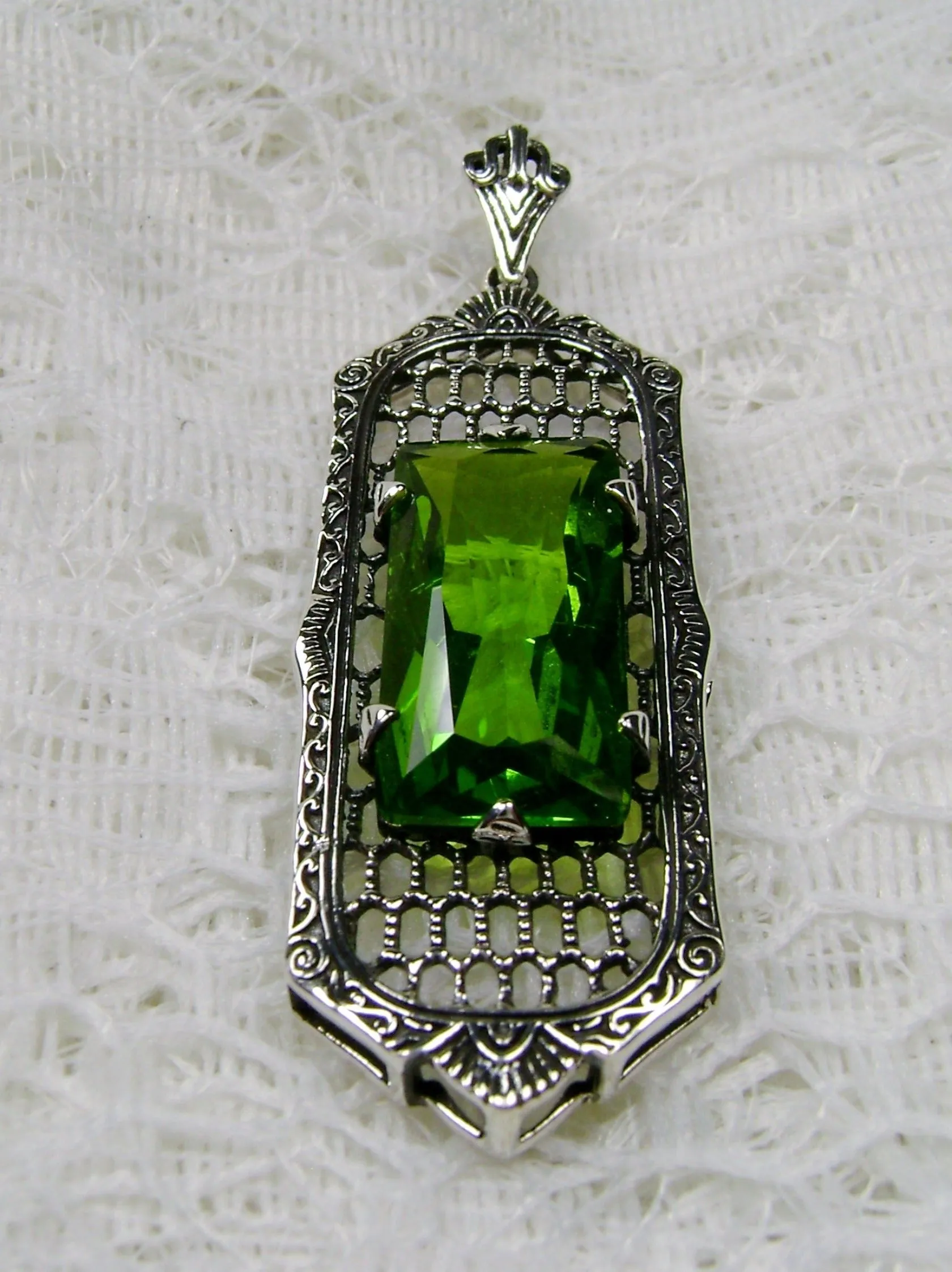 Peridot Necklace, Art Deco Pendant, Baguette Gem, 1930s Reproduction Jewelry, Baguette P16