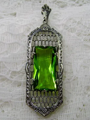 Peridot Necklace, Art Deco Pendant, Baguette Gem, 1930s Reproduction Jewelry, Baguette P16