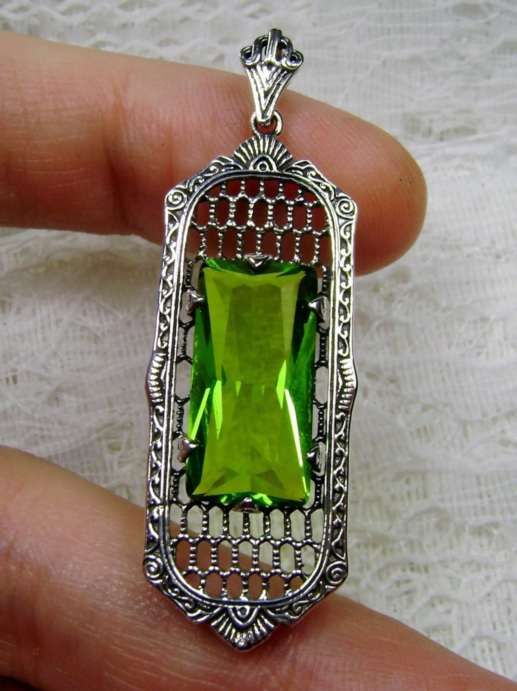 Peridot Necklace, Art Deco Pendant, Baguette Gem, 1930s Reproduction Jewelry, Baguette P16